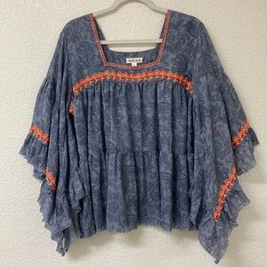 Cousin Earl Embroidered Bohemian Wide Sleeve Top Large
